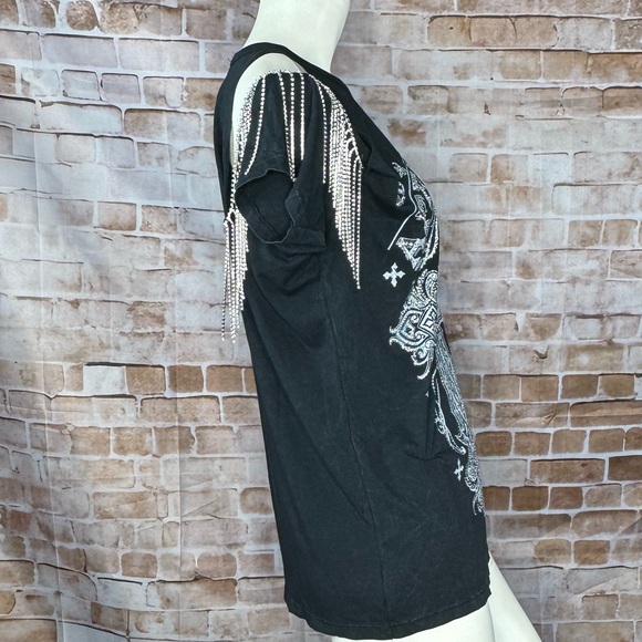 Affliction Women’s Rhinestone Fringe Graphic Short Sleeve T-Shirt- Various -NWT - Picture 4 of 10